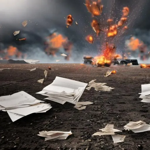 Prompt: photorealistic exploding office papers hd dynamic on battlefield no people