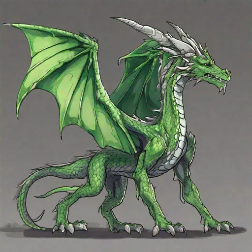 Prompt: Concept designs of a dragon. Full dragon body. Dragon has four legs and a set of wings.  Side view. Coloring in the dragon is predominantly green with silver streaks or details present.