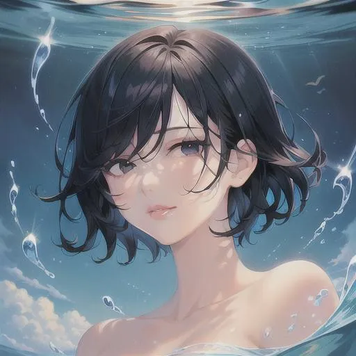 Prompt: (masterpiece, illustration, best quality:1.2), floating in the ocean, short trimmed black hair, black eyes, best quality face, best quality, best quality skin, best quality eyes, best quality lips, ultra-detailed eyes, ultra-detailed hair, ultra-detailed, illustration, colorful, soft glow, 1 girl