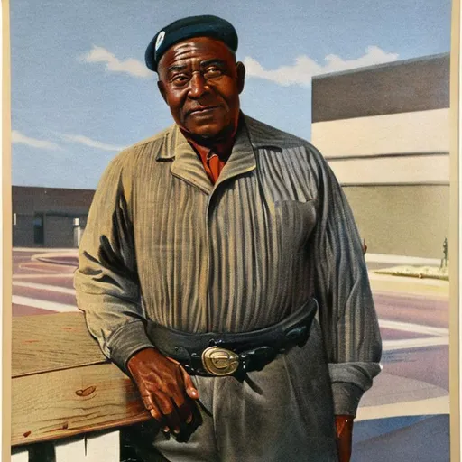 Prompt: An african-american parking garage attendant, 1930,  highly detailed, photorealism, full color illustration, f 8.0, 50 mm,  adolph menzel, james gurney