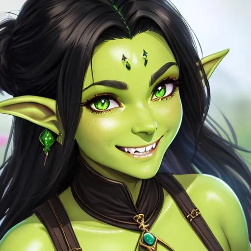 Prompt: oil painting, D&D fantasy, green-skinned-goblin girl, green-skinned-female, small, beautiful, short dark black hair, wavy hair, smiling, pointed ears, fangs, looking at the viewer, cleric wearing intricate adventurer outfit, #3238, UHD, hd , 8k eyes, detailed face, big anime dreamy eyes, 8k eyes, intricate details, insanely detailed, masterpiece, cinematic lighting, 8k, complementary colors, golden ratio, octane render, volumetric lighting, unreal 5, artwork, concept art, cover, top model, light on hair colorful glamourous hyperdetailed medieval city background, intricate hyperdetailed breathtaking colorful glamorous scenic view landscape, ultra-fine details, hyper-focused, deep colors, dramatic lighting, ambient lighting god rays, flowers, garden | by sakimi chan, artgerm, wlop, pixiv, tumblr, instagram, deviantart