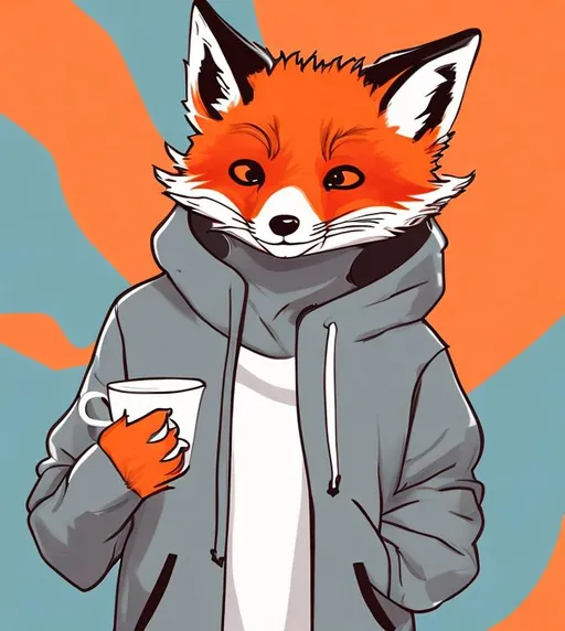 Prompt: A chill red fox in a light grey hoodie holding a cup of tea with a blue 
background in a comic book style 
