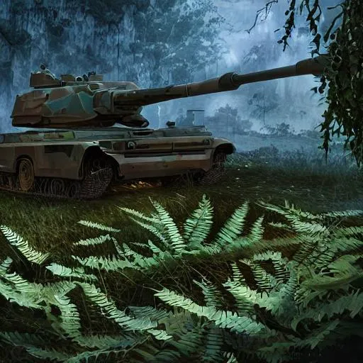 Prompt: overgrown t90 battle tank , vines, ferns, abandoned city volumetric lighting, intricate, highly detailed, digital painting, artstation, concept art, cinematic, smooth, sharp focus, illustration