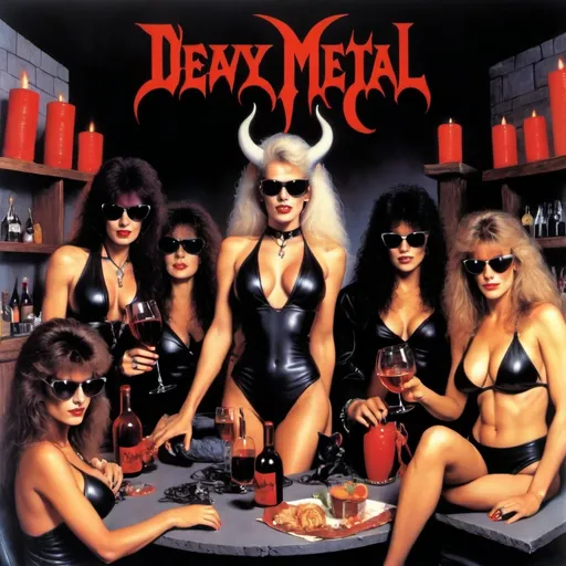 Prompt: Eighties heavy metal album artwork.
The devil is having a party. Some good looking women sit at a table and drinke wine. The girls wear black leather bikinis and sunglasses. The devil is sitting on his throne. On the side there are big stacks of audio speakers. 