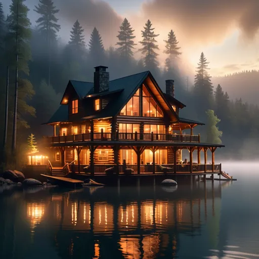 Prompt: hyper-realistic photograph of an extremely large luxury cabin with a wrap-around porch on a lake in the evening thick fog with sunset in the background reflecting on the lake water. Lighted by porch lights and lights inside the cabin with smoke coming from a chimney. Cabin placed in the mountains surrounded by thick dark forest ducks flying in the air and ducks swimming in the water. 