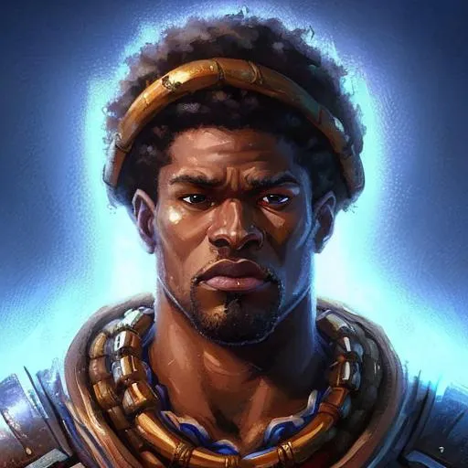 Prompt: A full body photograph of muscular African American man with a horn in one hand and a sword in the other and wearing armor looking at the viewer, fantasy, medieval, vivid colors, elegant, concept art, sharp focus, beautiful face, digital art, Hyper-realistic, 4K, Unreal Engine, Highly Detailed, HD, Dramatic Lighting by Brom, trending on Artstation