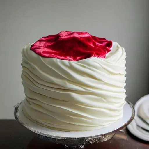 Prompt: white cake with velvet cloth on it