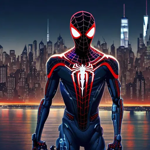 Prompt: cyborg miles morales, detailed robotic black spider-man suit, symmetrical body,  cyberpunk style, in the background the new york skyline at night, bright neon  city lights, 4k, realism

