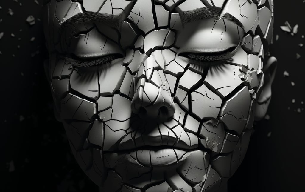 Prompt: 3d reconstruction of a woman's face using a technique known as fractal, in the style of melancholic symbolism, cracked, stone sculptures, puzzle-like pieces, humanistic empathy, black and white art, slumped/draped