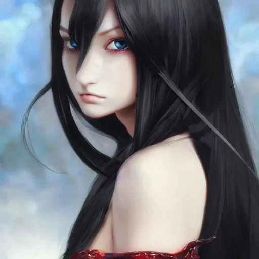 Prompt:  Closeup face portrait of a female demon with long, black hair and red eyes, with big, black wings wearing a black dress, smooth soft skin, big dreamy eyes, beautiful intricate colored hair, symmetrical, anime wide eyes, soft lighting, detailed face, by makoto shinkai, stanley artgerm lau, wlop, rossdraws, concept art, digital painting, looking into camera
