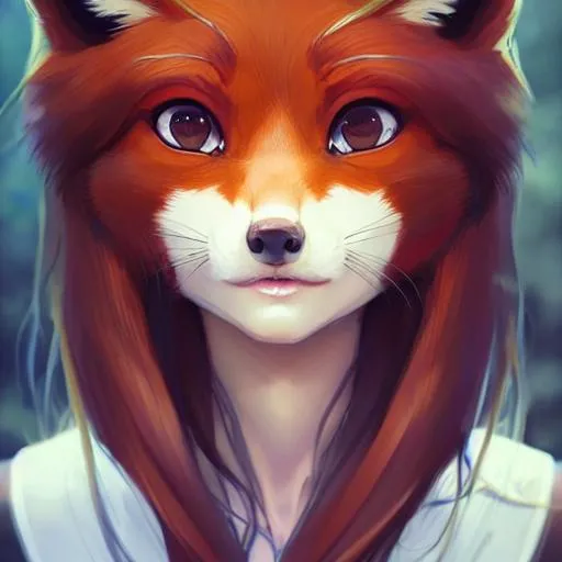 Prompt: Closeup face portrait of a fox, smooth soft skin, big dreamy eyes, beautiful intricate colored hair, symmetrical, anime wide eyes, soft lighting, detailed face, by makoto shinkai, stanley artgerm lau, wlop, rossdraws, concept art, digital painting, looking into camera