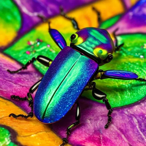Prompt: Jewel beetle diorama in the style of Lisa frank