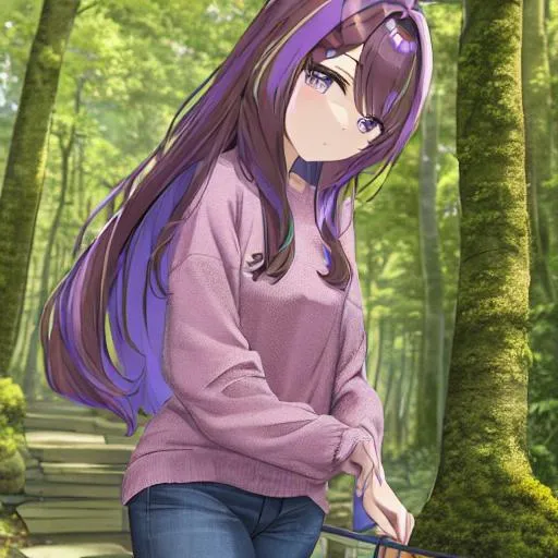 A brown-hair anime girl with a purple streak in thei