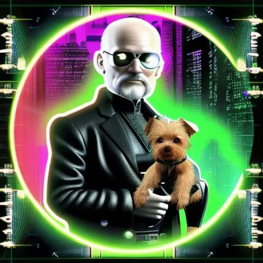 Prompt: image of cyborg Thomas hobbes with robotic yorkie terrier in the matrix, aliens and moon, beams of neon rays, ai render, smoke, water
