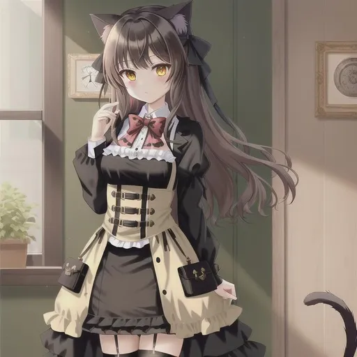 Prompt: artificer, cat girl, steampunk, black cloths with crimson accent