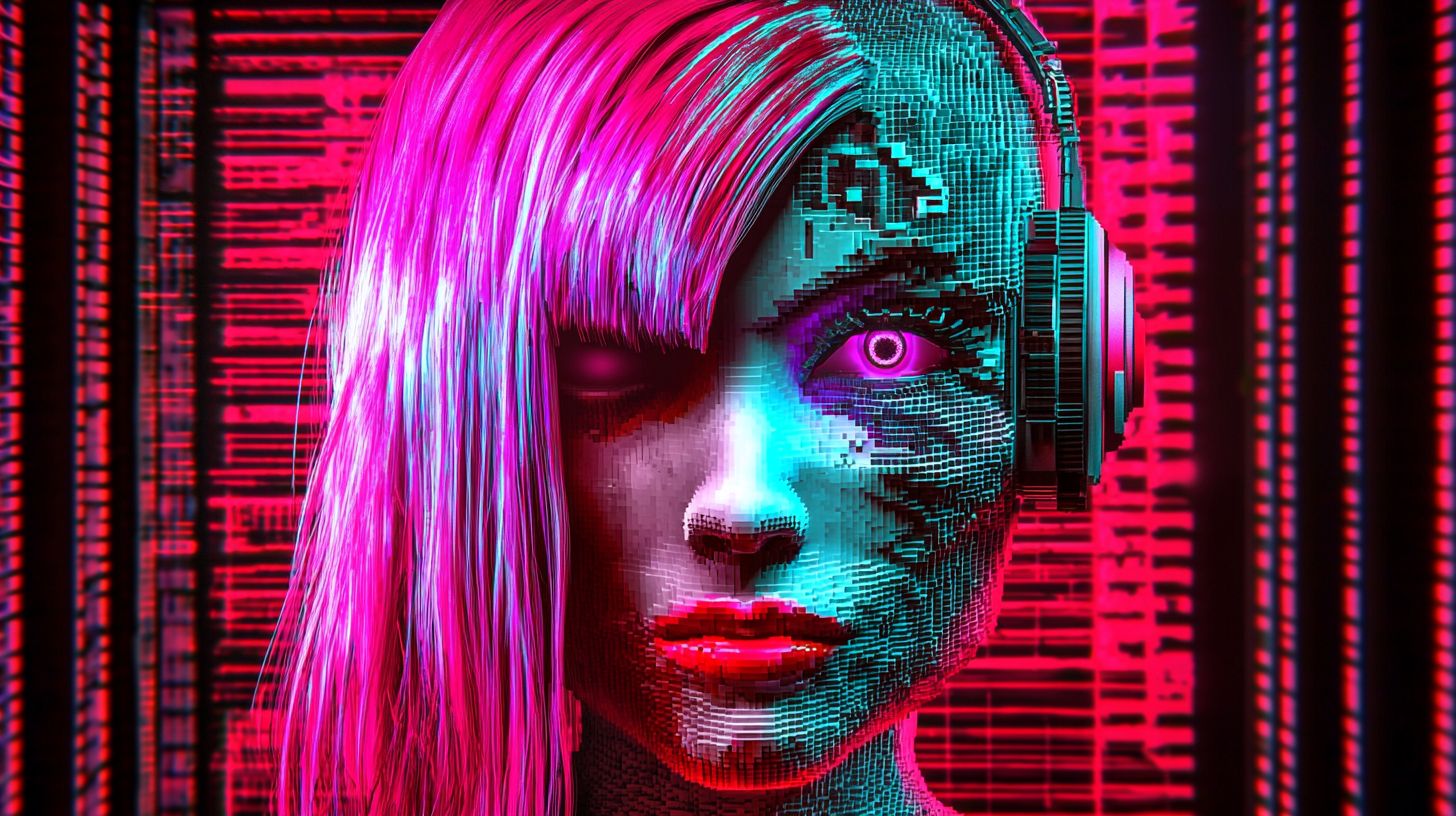 Prompt: A stylized voxel art head with a vibrant pink wig and striking blue hair, blending retrowave and security camera aesthetics. The image should feature hyper-detailed, chromepunk elements with sharp lines and reflective metallic accents, capturing a bold fusion of Indian pop culture influences. The rendering should showcase intricate textures and lighting, as if created in Cinema4D, with a retro-futuristic feel and high definition. The composition should be immersive and detailed, highlighting both the vivid colors and 3D voxel structure, creating a unique cyberpunk-meets-pop-culture look --sref https://s.mj.run/Zpf9aPdidF0