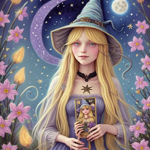 Prompt: witch with long blonde hair, using tarot cards, wearing witch hat, cute, flowers, aesthetic, pastel, fairycore, disney, pixar, moon, stars, witchcraft, in a starry pastel sky,  garden, sweet, dreamy, award winning illustration, artstation, highres, realistic