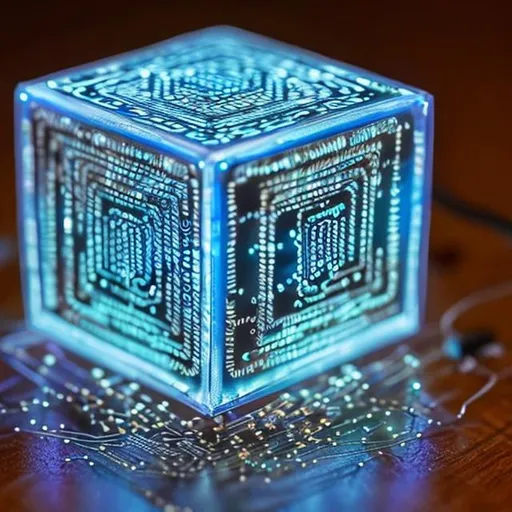 Prompt: "Imagine a small, metallic cube with intricate circuitry etched on its surface. It glows with a pulsating blue light, and its sides are adorned with tiny conductive nodes. The cube is encased in a transparent shell, revealing the mesmerizing dance of electric flux within."
