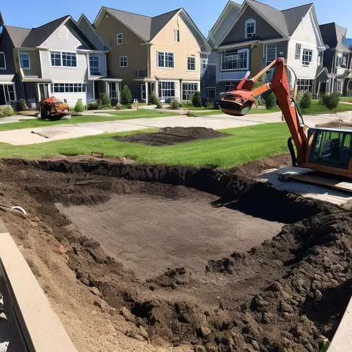 Prompt: small pond being dug up with backhoes in around townhomes in Canada


