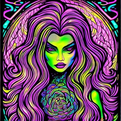 Prompt: Hypnotic illustration of {attractive witch}, hypnotic psychedelic art by Dan Mumford and Lisa Frank, pop surrealism, dark glow neon paint, mystical, Behance