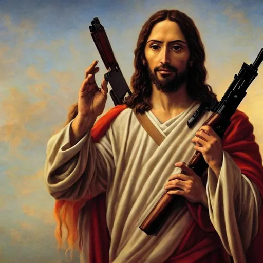 Prompt: hyperrealistic, jesus christ, holding an ak-47, religious