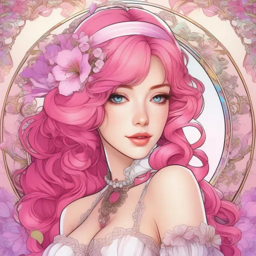 Prompt: a drawing of a woman with bright pink hair, line art, by Shitao, pixiv, rococo, garter belt, detail shot, flat cel shading mucha, pink lily ribbon