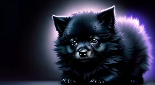 Prompt: Cute, black, fluffy, fantasy dark puppy, with dark, black eyes, very, dark fur, and possessing the element of darkness and making circles of dark magic move around in the air in a magical way. Perfect features, extremely detailed, realistic. Krenz Cushart + loish +gaston bussiere +craig mullins, j. c. leyendecker +Artgerm.