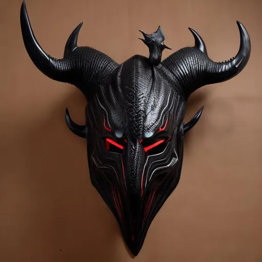 Prompt: menacing black antelope mask, dark-red tint, detailed, long narrow face, macabre, vicious gaze, black shadow background