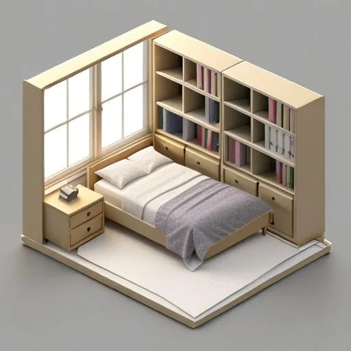 Prompt: isometric {Big bedroom} in a cutaway box, classic style, a simple desk, a window, a simple bed, soft smooth lighting, soft colors, 100mm lens, 3d blender render