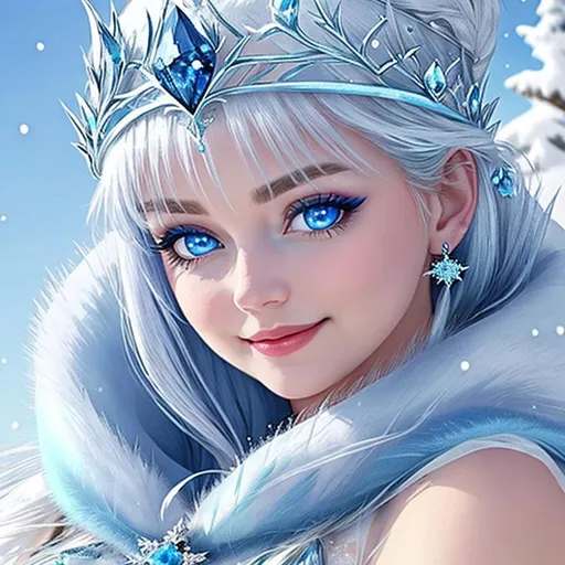 Prompt: Snow queen, ice elemental, deep blue pelt covered in frost, bashful hypnotic sapphire blue eyes, calm bashful smile, gorgeous 