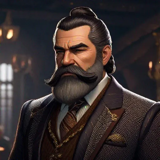 Prompt: A middle aged dwarven mafia boss wearing a tweed suit, a braided beard and slicked back hair. 
