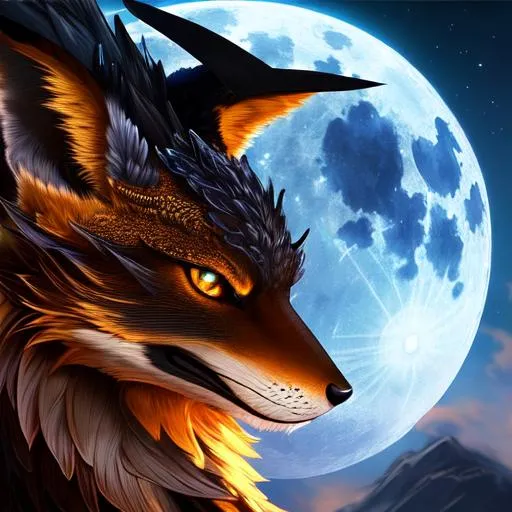 Prompt: Full-body detailed masterpiece, fantasy, high-res, quality upscaled image, perfect composition, subject of this image is a hot male bipedal dragon , black fur, busty body, 18k composition, 16k, 2D image, cell shaded, thin torso, blue moonlight background, using a fox as the base body, dragon head, d&d dragonborn, dragon, long thin tail, 4 limbs