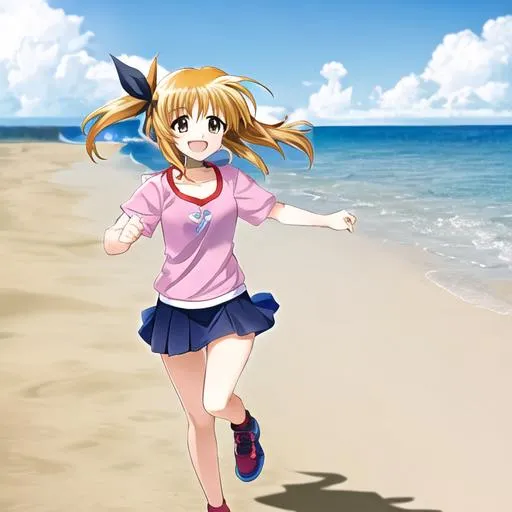 Prompt: A girl running on the sandy beach turns around and looks at you with a smile. She is about ten years old and has medium-long light brown hair. She is wearing a T-shirt and wearing her long skirt. Around her, the world of the anime "Magical Girl Lyrical Nanoha" spreads out.