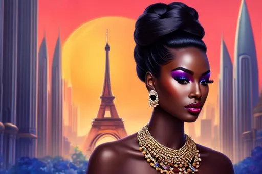 Prompt: head-on, surreal cartoon, high fashionista walking toward viewer, Stunning, glossy portrait of a stunning dark skinned woman with hair pulled back into a bun, she is dressed like a summer queen, dramatic jewelry, statement necklace, background is architecture lit by the moon,  trending on artstation