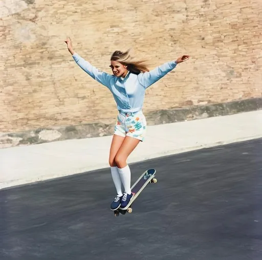 Prompt: pop art of woman wearing flower shorts and high socks skateboarding city,enjoying music with iems In pop art, material is sometimes visually removed from its known context, isolated, or combined with unrelated material,bright colors,
