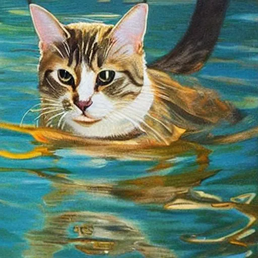 Prompt: Painting of a cat in water
