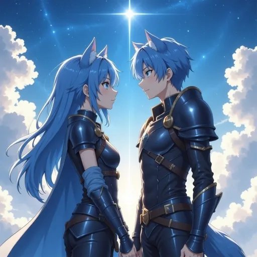 Prompt: two anime characters standing next to each other male & female, in front of a sky with stars and clouds behind them, Ay-O, sots art, official art, a manga drawing