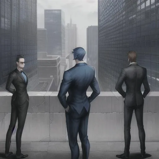 Prompt: Secret agents, blue and black spy suits, standing behind a broken wall, looking towards a big crime lord's building in the background. far away view,