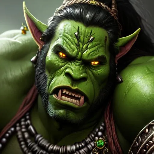 Prompt: fantasy, barbarian, orc, green skin, UHD, 8k, high quality, ultra quality, perfect composition, trending art, trending on artstation, sharp focus, studio photo, intricate details, cinematic lighting, special effects, hyper realism, hyper realistic, Very detailed, high detailed face, oil painting, full body, battle pose, rage