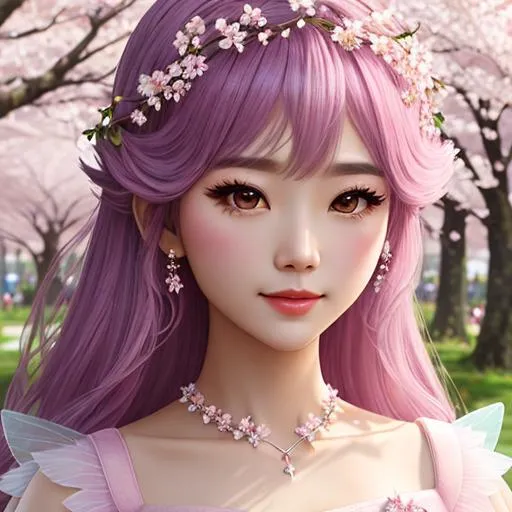 Prompt: etherial, fairy, goddess of  cherry blossoms, facial closeup