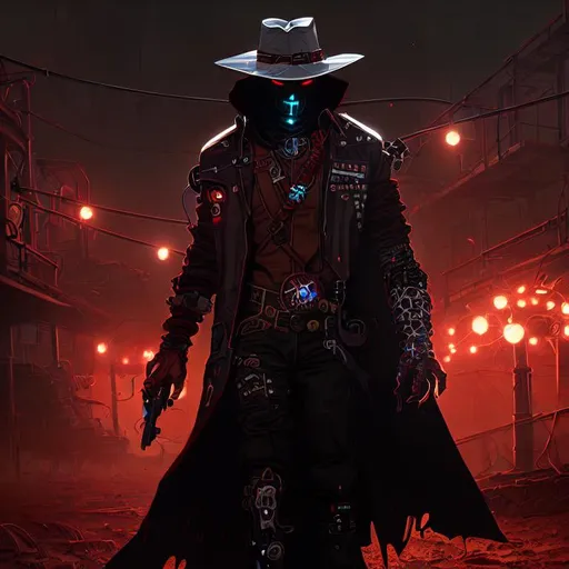 Prompt: Cyber Cowboy with 4 Arms, fiery red Poncho, Dressed in black duster and Stetson Cowboy Hat, with Red eyes, Haunting Presence, Intricately Detailed, Hyperdetailed, Desert Wild West Landscape, Dusty Midnight Lighting, Wild West Feel