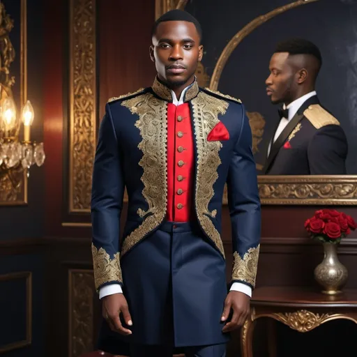 Prompt: Black African Man dress in (fashionable military dress coat), deep navy blue fabric, showing with sharp collar, vintage intricate gold embroidery, tailored fit, outer coat.  With a red vest with applique.  enticing textures, 4K resolution, ultra-detailed, sophisticated atmosphere, perfect for a formal event or ceremony, striking yet dignified presence.