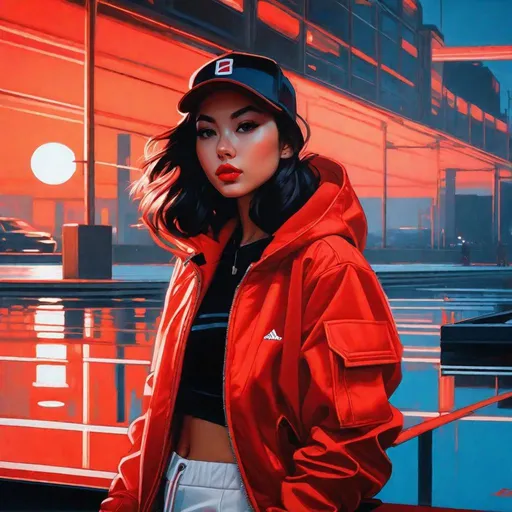 Prompt: In the distinct style of Ilya Kuvshinov, create a meticulously detailed, high-quality photographic portrait. Envision a young woman garbed in streetwear with a pant, her ensemble showcasing realistic textures and material properties, each piece illuminated by faint red reflections. She stands confidently on an expansive plane of water, which mirrors her reflection and the surrounding ambiance. Behind her looms a monochromatic backdrop: a black sun set against a gradient gray sky. This monochromy extends to the entirety of the landscape, contrasting starkly with the red hints on her attire.

The camera's angle is tilted, adding a sense of dynamism and unease to the composition. Facial features should be captured in sharp detail, while the background, despite its minimalist color palette, demands a depth and richness, offering a compelling contrast to the vividness of the subject. The rendering of light and shadow, especially in the portrayal of various materials, should be strikingly realistic. Ensure that the overall piece remains devoid of any prohibited elements.