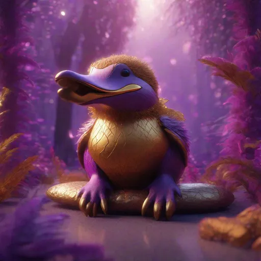 Prompt: Enchanted purple and brown platypus in the Fairyland Forest, Sitting upright on hind legs, Perched like a bird, Chic Modernist, Furry, close-up, textured, Faded, game icon, brilliant colors, surrealism, golden hour sun lighting, Hyperrealistic textures, intricate details, architectural visualization, Corona render, 8k