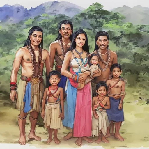 Prompt: Precolonial Filipino Cheiftain with his family in watercolor