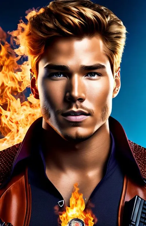 Prompt: High-resolution hyperrealistic photo of human-torch johnny-storm merged with starlord peter-quill, photorealistic, highly detailed, uhd, hdr, 64k