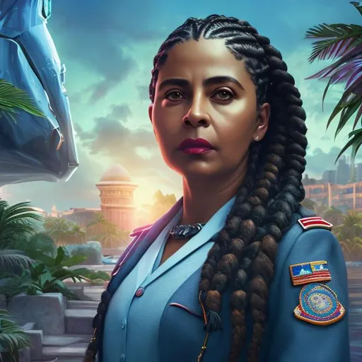 Prompt: beautiful midlife aging middle-eastern woman female, thick black hair braided, full lips, thoughtful, mid-brown skin, government uniform, futuristic tropical island, portrait, realistic details, photorealistic, 8k render, cinematic lighting, ultra detailed