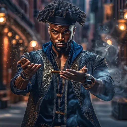 Prompt: Black Man magician in urban clothes casting a spell with his arms, hdr render, soft lighting , full body, digital painting, studio photo, intricate details, professional, highly detailed, 8k uhd, epic, stunning, in New York city, action shot, soft