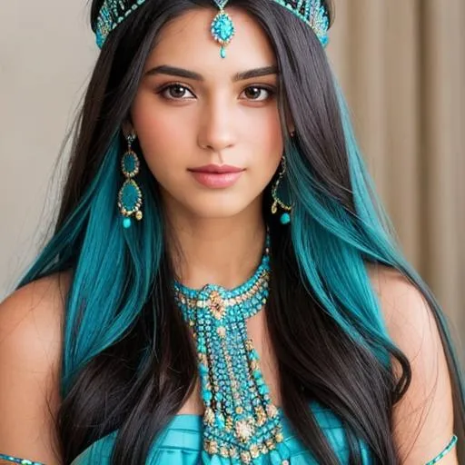 Prompt: Woman with long dark hair, wearing a turquoise studded tiara and jewelry