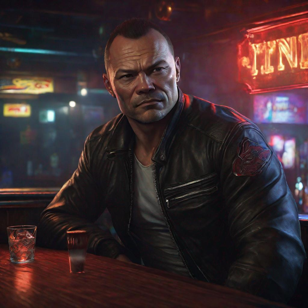 digital painting character portrait Dan Bonginobiker muted sleazy dive bar background half body